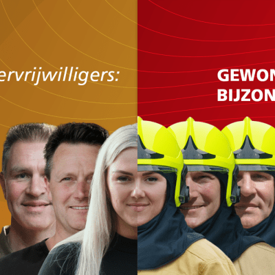 Brandweermensen poserend in zowel burgerkleding als in brandweertenue